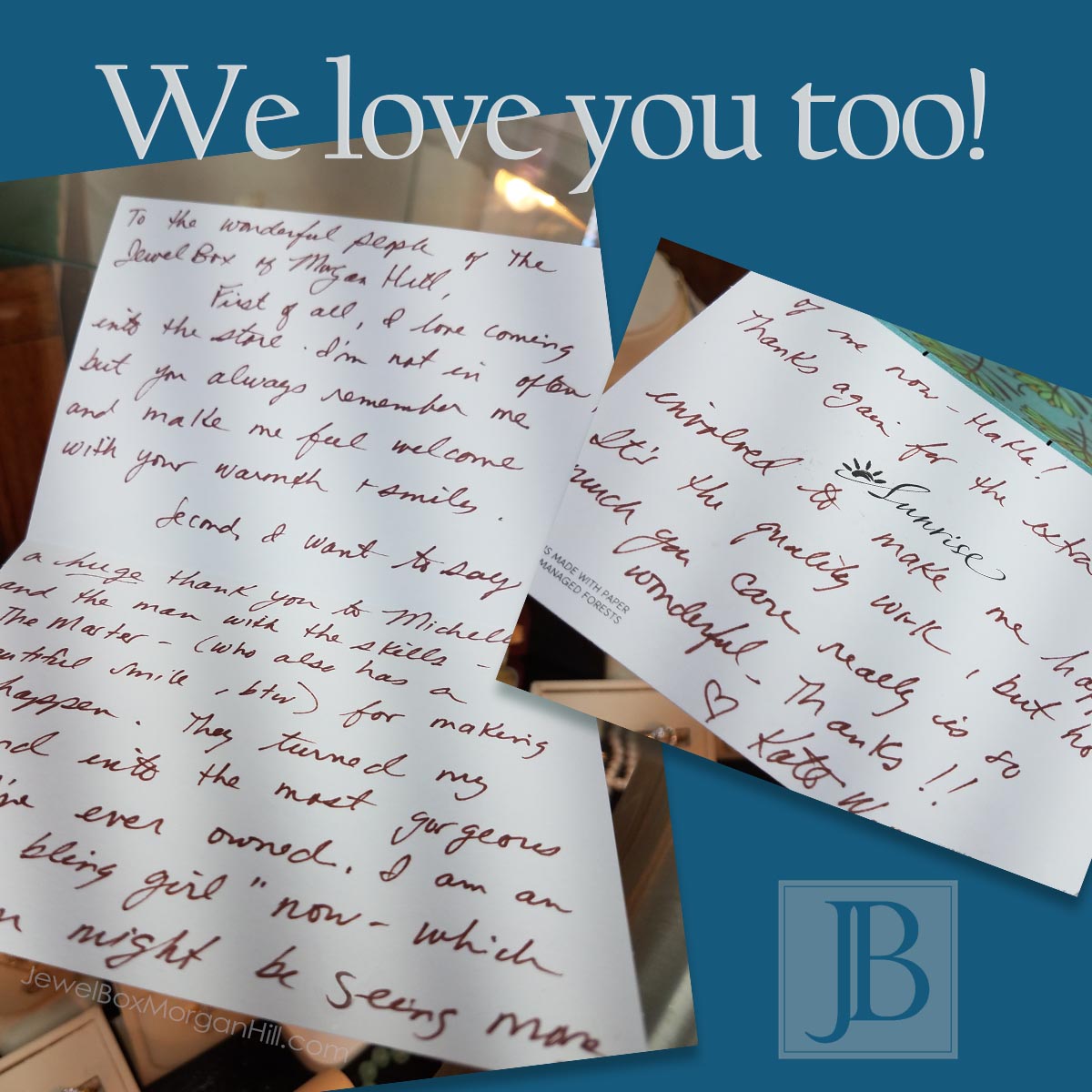 letters from happy customers and we love you too text in bold lettering