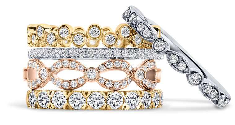 find white and yellow gold designer wedding rings and diamond eternity bands like these at our jewerly store near hollister
